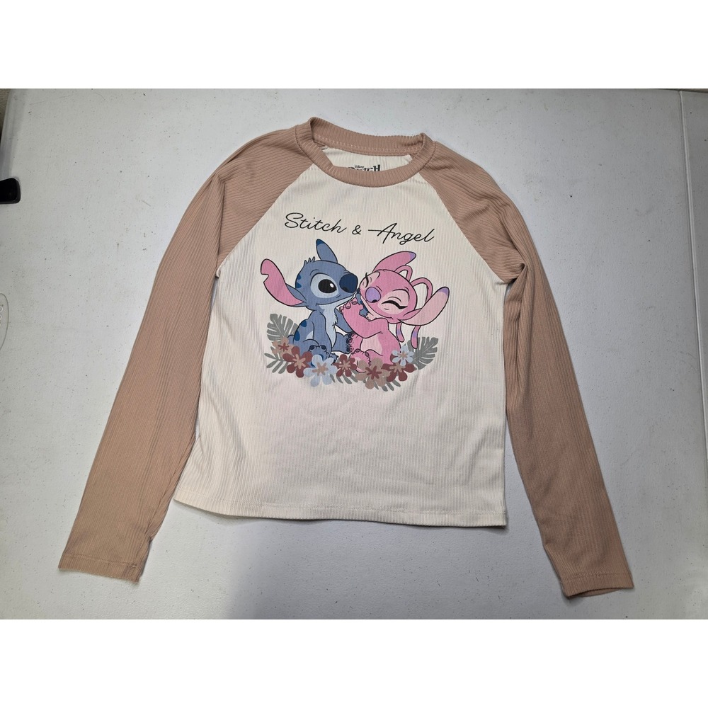 Disney Stitch & Angel Raglan Ribbed Long Sleeve Shirt Girls Size Medium 10/12